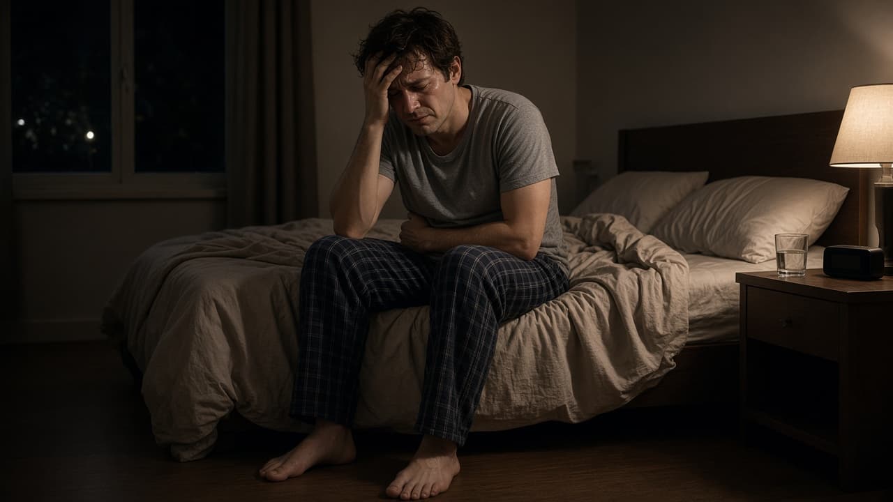 An adult sits on the edge of a bed at night, exhausted and uncomfortable while facing withdrawal symptoms alone