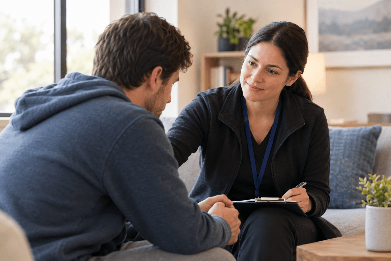 A counselor sits with a client during a supportive conversation in a calm residential setting